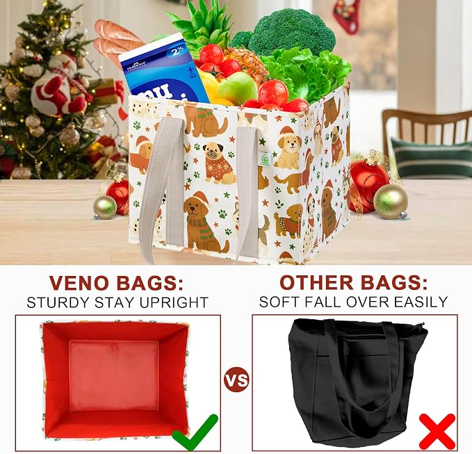 VENO 3 Pack Heavy Duty Reusable Grocery Shopping Bags Utility Tote | Water Resistant, Storage Box with Sturdy Handles & Hard Bottom, Foldable for Groceries Shopping Cart(Holiday Pups, 6 Gallon) - Image 8