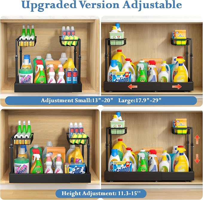Aisslro Under Sink Organizer, 2 Tier Pull Out Cabinet Organizer, Expandable & Adjustable Slide Out Shelf 13.2''–20.3'', Under Sink Storage for Kitchen Bathroom Laundry Cabinet Storage, Black - Image 4