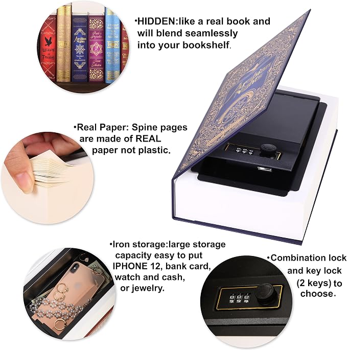 Arabian Nights Diversion Safe with Real Pages, Key Lock Metal Book Safe | Hidden safe box and hollow storage compartment for cash money. Decorative book box stash case for passport savings. - Image 5