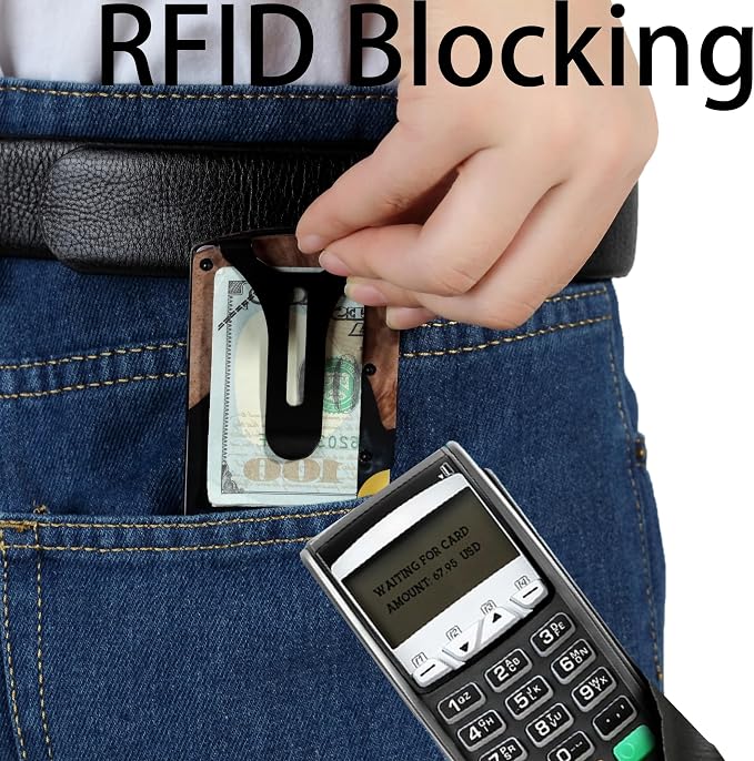 Minimalist Wallet for Men, Slim Metal RFID Blocking Wallet Credit Card Holder Money Clip & Cash Strap, Scratch-Resistant Holds 15 Cards,Ideal Gift for Men | Resin Wood, Unique Pattern,Black - Image 4