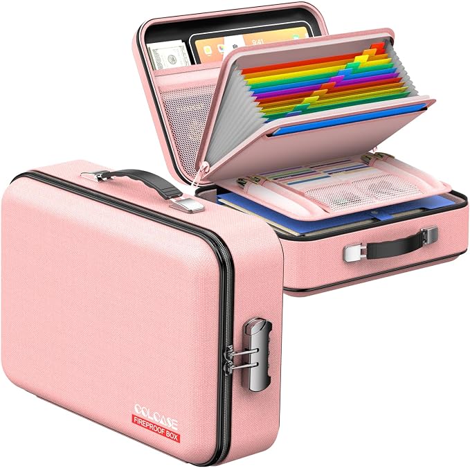 Fireproof Document Organizer with Lock, Hard Fireproof Document Box | Hard-Shell Fireproof Waterproof Document Box with Combination Lock Pink - Image 8
