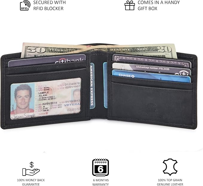 Real Leather Mens Bifold Wallet RFID Blocking Slim Minimalist Front Pocket - Thin & Stylish with ID Window in Gift Box (Crazy Horse, Black) - Image 5