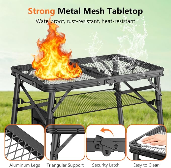 Raynesys Portable Folding Grill Table for Outside for Picnic, Camping | 3 Height Adjustable Small Camping Table with Mesh Bag, Metal Aluminum Folding Table, 23.62 x 15.75 inches, Black - Image 5