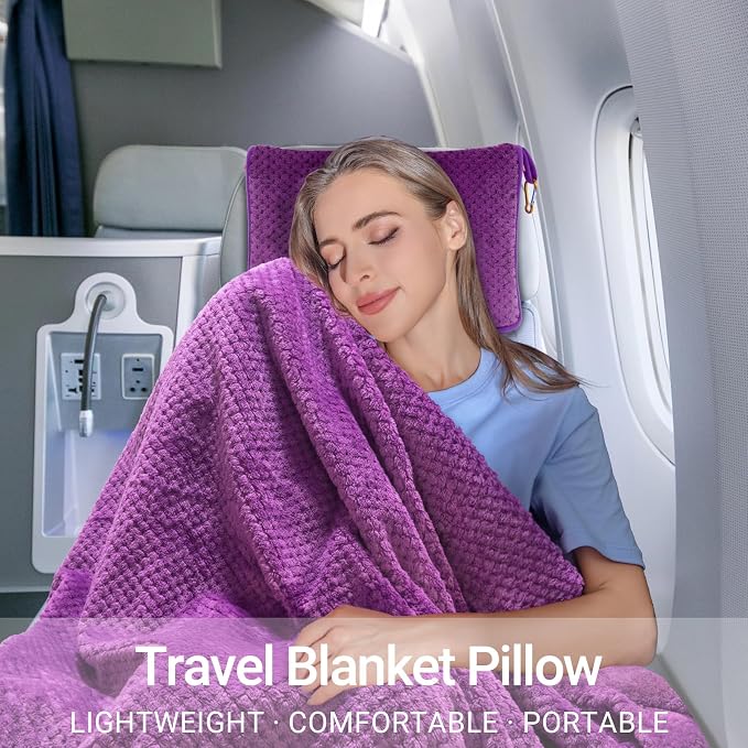 Travel Blanket Pillow-Premium Soft 2 in 1 Airplane Blanket for Long Trips Essentials with Bag Pillowcase, Hand Luggage Sleeve and Backpack Clip (Violet) - Image 6