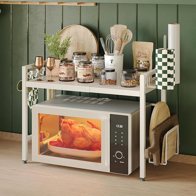 2 Tier Expandable Microwave Stand countertop,Microwave Oven Rack | microwave shelf with Paper Towel and Chopping Board Holder, storage shelf for pans &appliances,8 Hooks,55lbs max load,White - Image 2