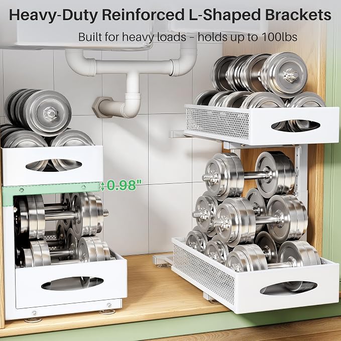 Under Sink Organizer, 2 Pack 2 Tier Pull out Cabinet Organizer Baskets with Mesh Sliding Drawers, Slide out Sink Storage Shelves for Kitchen, Bathroom, Pantry, Cabinet Organizers and Storage(White) - Image 5