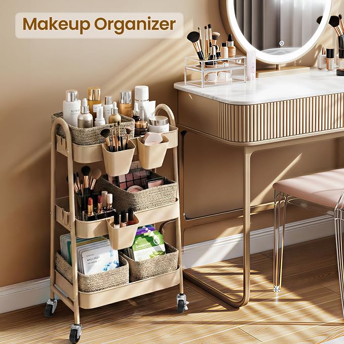 3-Tier Rolling Utility Cart with 4 Woven Baskets, Diaper Book Snack Cart, Storage Organizer for Nursery, Kitchen, Craft Room, Home SPA, Living Room, Metal Frame Trolley on Lockable Wheels, Brown - Image 6