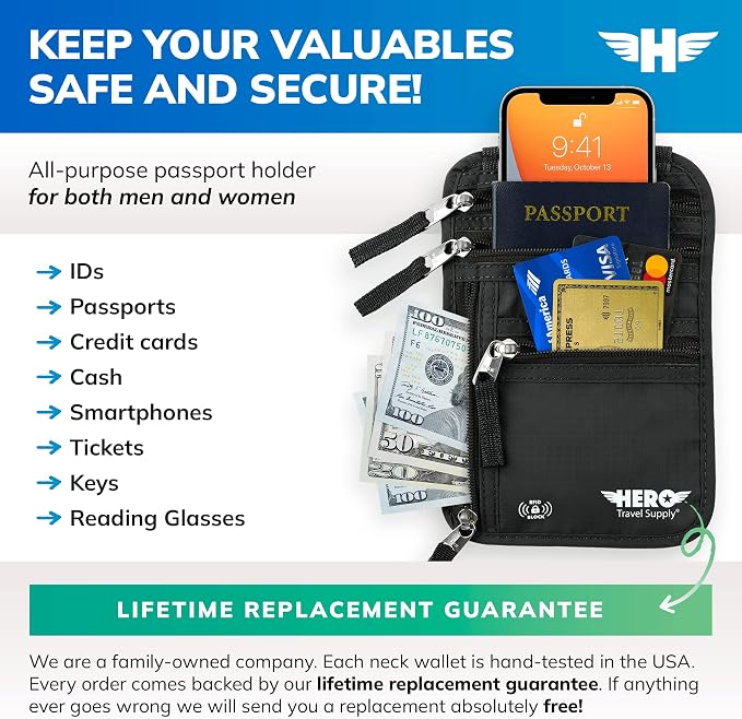 HERO Neck Wallet - RFID Blocking Passport Holder, Easy to Conceal Travel Pouch (Black) - Image 2