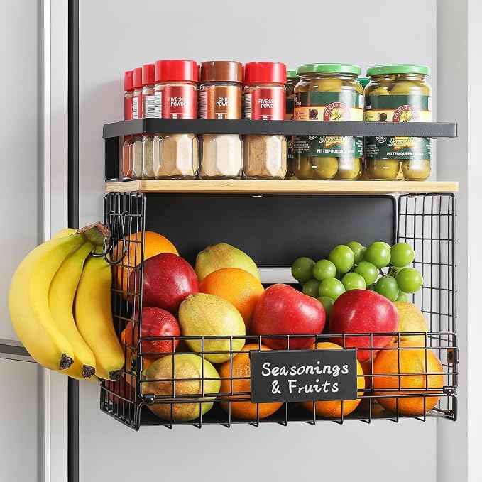 [WIDER SHELF] 1 SET Strong Magnetic Shelf Basket for Fridge with Tag & Bamboo Top, XXL Large Magnetic Spice Rack Shelves for Side of Refrigerator, Kitchen Pantry Storage Organizer for Food Fruit Veg by Unknown