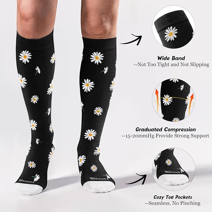 Cotton Compression Socks for Women&Men 15-20mmHg Knee High Cute Support Sock for Nurses, Pregnant Women, Travel - Image 3