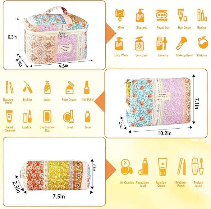 URSKYTOUS 3Pc Cotton Quilted Makeup Bags for Women Large Small Coquette Floral Travel Cosmetic Bag Set Aesthetic Cute Flower Makeup Pouch Portable Toiletry Bag Puffy Essential Storage Organizer Bag - Image 2