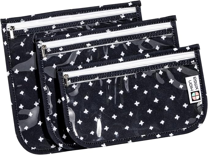 HIONXMGA Set of 3 Clear Travel Toiletry Bag, TSA Approved, Quart Size S/M/L | Clear Front Zipper Pouches Waterproof Cosmetics Bags for Women Kids Toiletries Baby Essentials Well-Organized Carry, PlusX by HIONXMGA