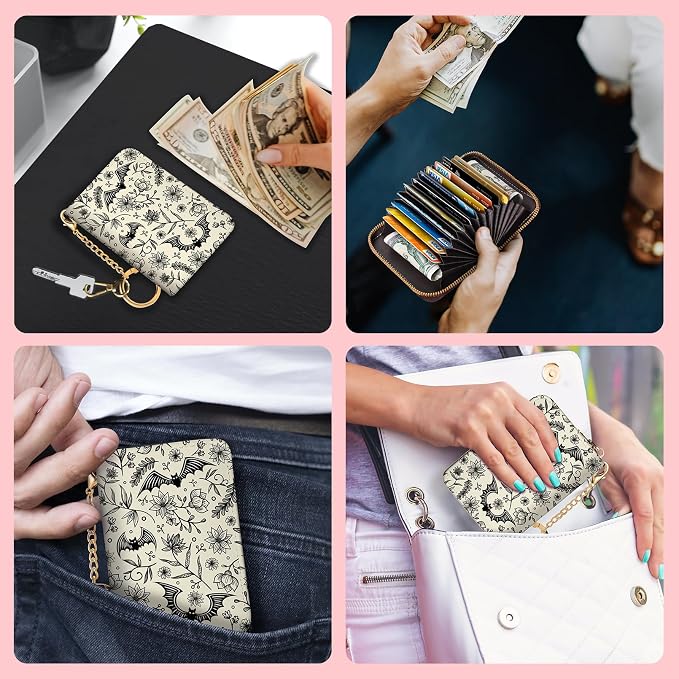 Blusabaca Goth Bat RFID Credit Card Holder, Small Women Travel Wallet | Vintage, Removable Keychain, Case Zipper, PU Leather, Cash Coin Pocket, Business Accordion Purse, Ladies Female Gift - Image 3
