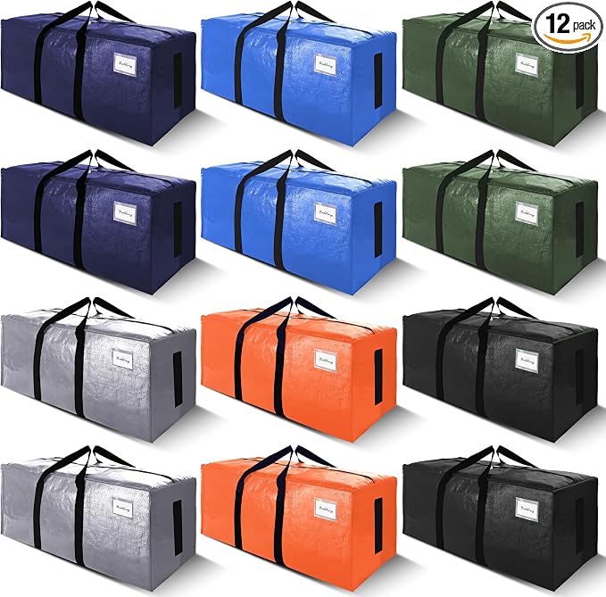 SWEET DOLPHIN 12 Pack 200LB Heavy-Duty Moving Bags with Wrap-Around Handles, Extra Large Storage Totes for Space Saving, Clothes Storage Bags, College Dorm Essentials, Multicolor, 24 Gal by SWEET+DOLPHIN