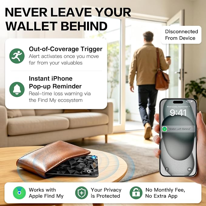 4-Pack Wallet Tracker Cards, Works with Apple Find My | 1.6mm thin, Qi rechargeable, 5-month battery, IP68 waterproof, Left-Behind Alerts, iPhone & iPad compatible - Image 4