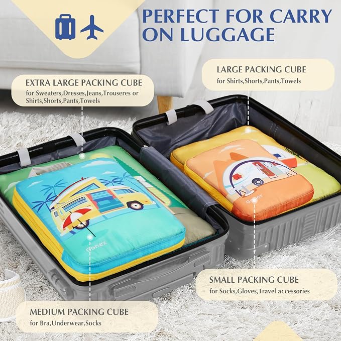 Gonex 4-Piece Compression Packing Cubes, Expandable Travel Organizers | Unique Printed Design, Ripstop Fabric, Double-Zip Compression, Carry-On Friendly, Lightweight - Image 5