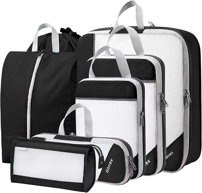 Gonex Compression Packing Cubes for Travel, Mesh Bags Luggage Organizers | Set of 4/5/6/7/10 for Essentials, Extensible, Fits 20"Carry-on Suitcases, See-through Mesh, Double Zipper Compression by Gonex