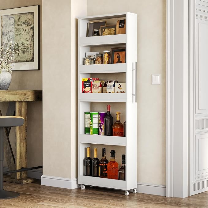 LITTLE TREE 63-Inch Slim Storage Cart on Wheels, 5-Tier Tall Narrow Mobile Shelf Organizer, Rolling Utility Cart with Metal Handle for Kitchen, Dining Room, Small Spaces, White - Image 9