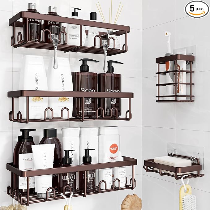 Shower Caddy Adhesive, Rustproof Shower Organizer, Wall Shower Rack | Large Capacity Shower Shelves for Inside Shower, Shampoo Shower Holder, Bronze, 3 Caddies, 1 Soap Dish, 1 Toothbrush Holder by YASONIC
