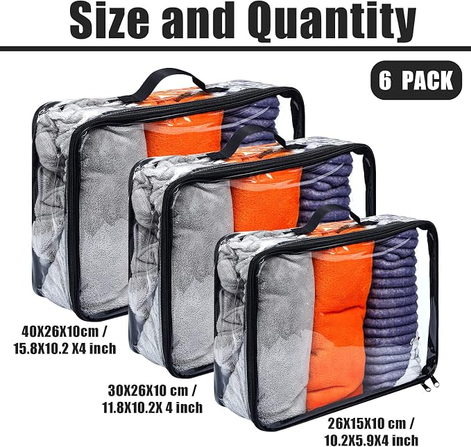 Hillban 6 Pcs Black Large Clear Travel Packing Cube 3 Sizes See Through PVC Organizer for Suitcase Multipurpose Pouch with Handle Vinyl Zippered Storage Bags Luggage Cube Organizer - Image 2