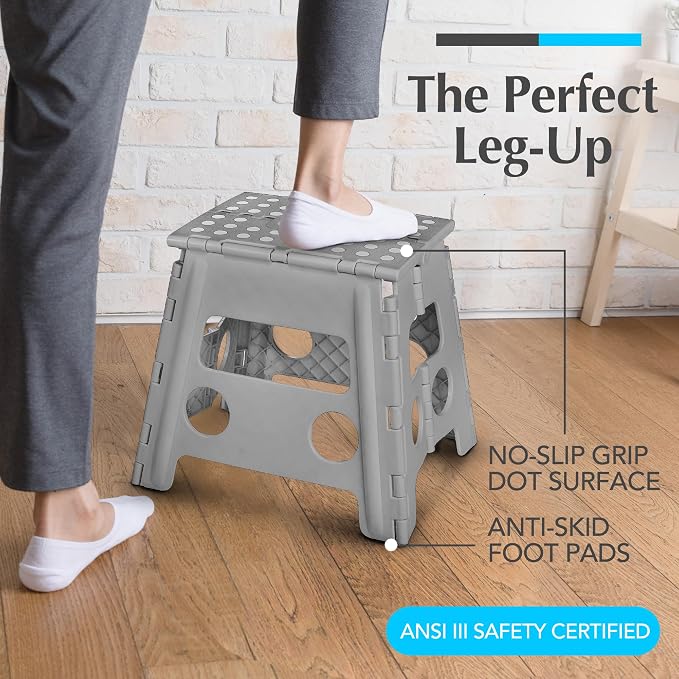 Handy Laundry Folding Step Stool 13 Inch, Grey, Non-Slip Holds 300 lbs | 13 Inch, Grey, Foldable Collapsible Step Stool, Non-Slip, Holds 300 lbs, Kitchen Bathroom Bedroom, Adults - Image 2