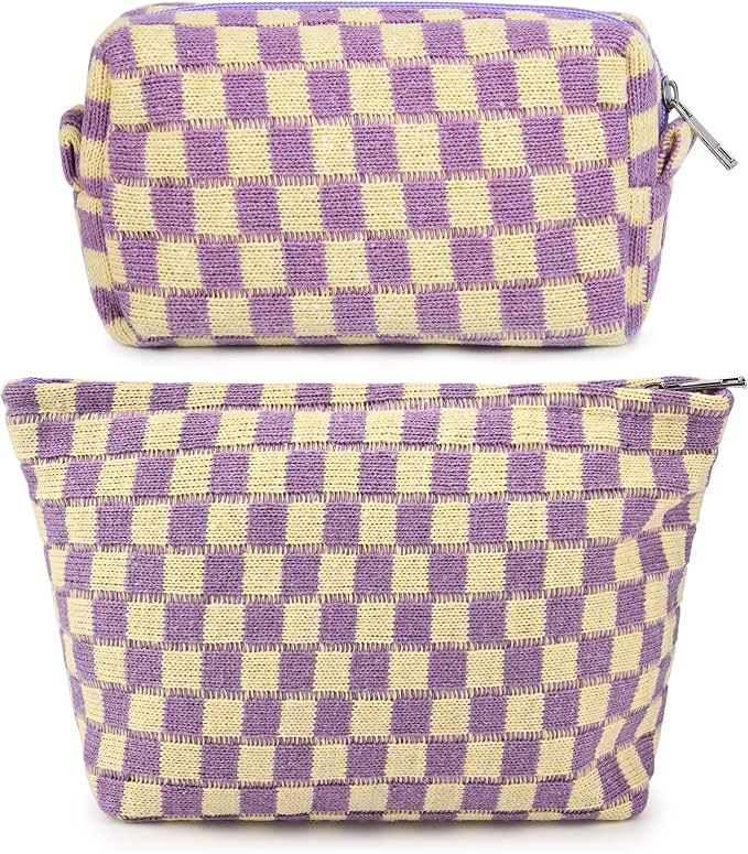 SOIDRAM 2 Pcs Checkered Makeup Bag Large Cosmetic Bag Toiletry Bag Makeup Pouch Travel Bag Organizer Cute Makeup Brushes Aesthetic Accessories Storage Bag for Women Purple by SOIDRAM