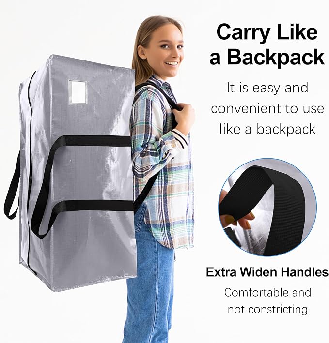 6 Pack Heavy Duty Extra Large Moving Bags W/Backpack Straps - Strong Handles & Zippers, Storage Totes For Space Saving, Fold Flat, Alternative to Box and Bin (40 gal, Silver) - Image 4