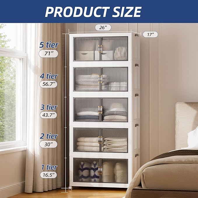 SAILUN 580Qt Stackable Storage Bins,Storage Cabinet Drawer with a Lid,White | Stackable Storage Drawers with Lids,26" W x 17" D x 71" H,Featuring open-front Access for Closet Storage - Image 6