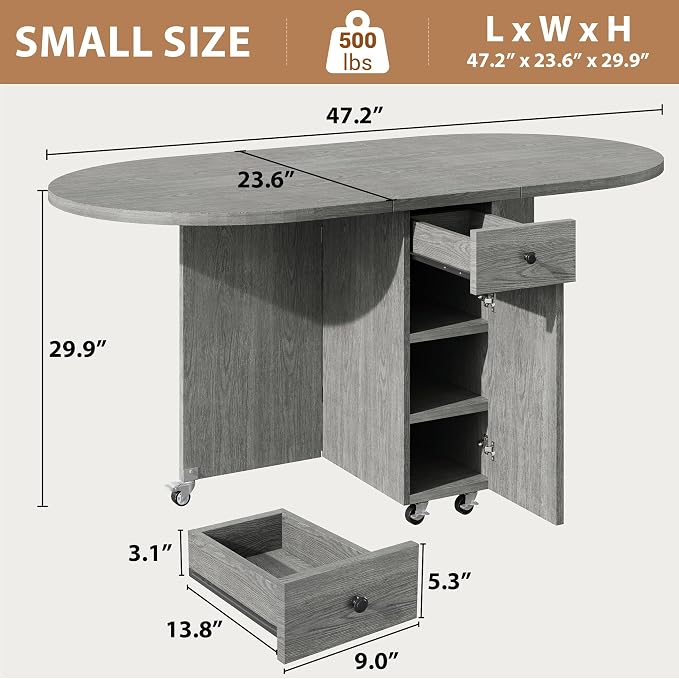 Jocoevol Round Folding Dining Table for 4, Space Saving Drop Leaf Kitchen Table with Storage Drawer, 6 Wheels Oval Gateleg Foldable Dining Table for Small Spaces(Grey 47 * 23.6 * 30) - Image 2
