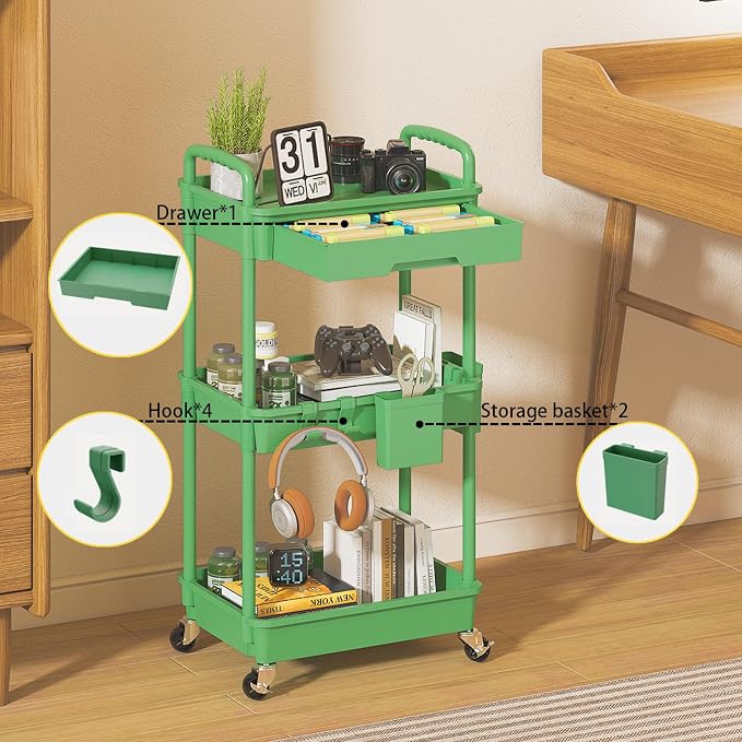 3 Tier Rolling Utility Cart with Drawer, Plastic Storage Organizer Rolling Carts with Wheels Handles Hanging Cups Hooks for Office, Bathroom, Kitchen,Craft Art Room (Green) - Image 3