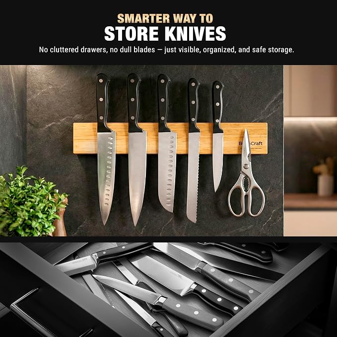 Magnetic Knife Holder for Wall, 16 Inch Bamboo Knife Strip, Wooden Knife Rack with Strong Magnets, Wall Mounted Kitchen Utensil Organizer & Storage Bar - Image 6