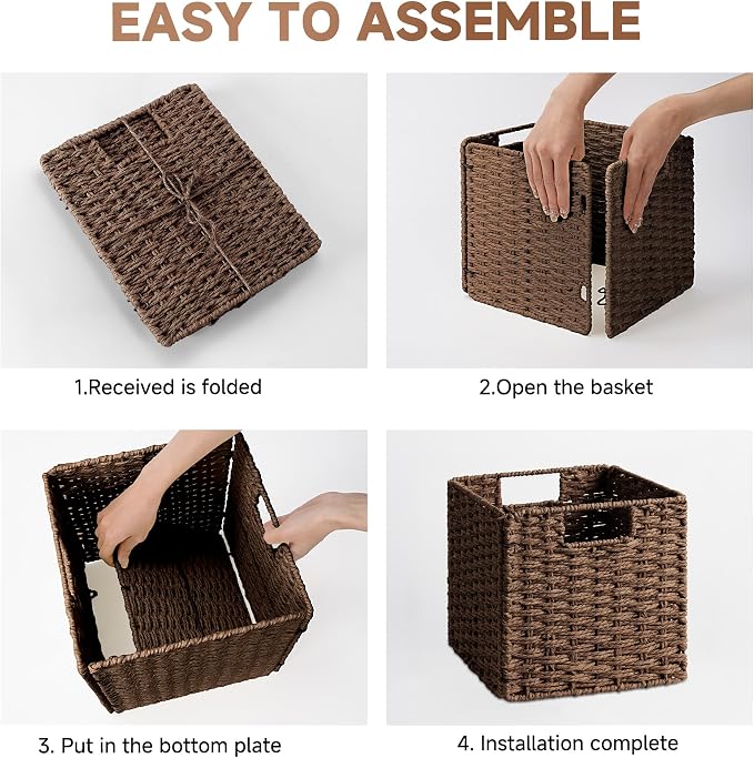 StorageWorks 9 inch Cube Storage Bins, Wicker Baskets for Storage, Brown | 2-Pack, Handwoven Wicker Storage Cubes,Paper Rope Square Cube Organizer Bins,Foldable,Baskets for Organizing,9x9 Storage Cube - Image 8
