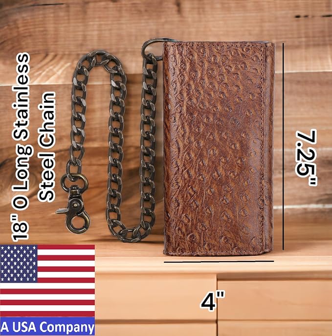 F&L CLASSIC RFID Blocking Mens Tri-fold Long Style buffalo crazy horse Leather Steel Chain Wallet,ostrich print brown,212-51 - Image 2