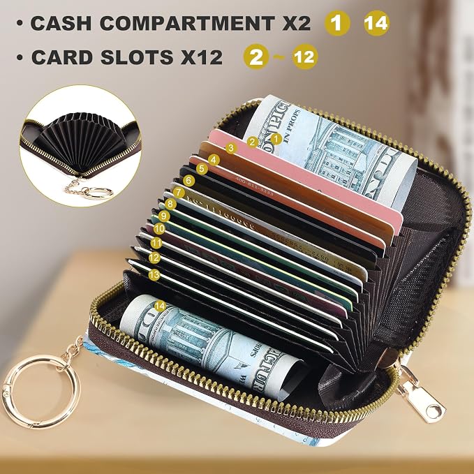 Credit Card Holder for Women,Small Rfid Wallet with Keychain Zipper,Cute PU Leather Card Case Wallet，Accordion Credit Card Wallets Gift,Diving Cat - Image 3