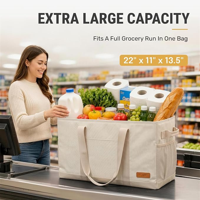 WONDAY X-Large Utility Tote Bag, Standing Reusable Grocery Bag | 22x11x13.5in, 50L capacity, holds 100lbs, collapsible, fabric with leather bottom, for beach travel storage - Image 5