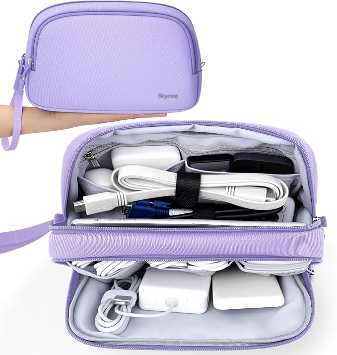 Skycase Travel Cable Organizer - Lightweight Water Resistant Dual-Layer Tech Pouch with Wrist Strap 9 Compartments Electronic Organizer Travel Case for Charger Cord Hard Drive,Large,Purple by Skycase