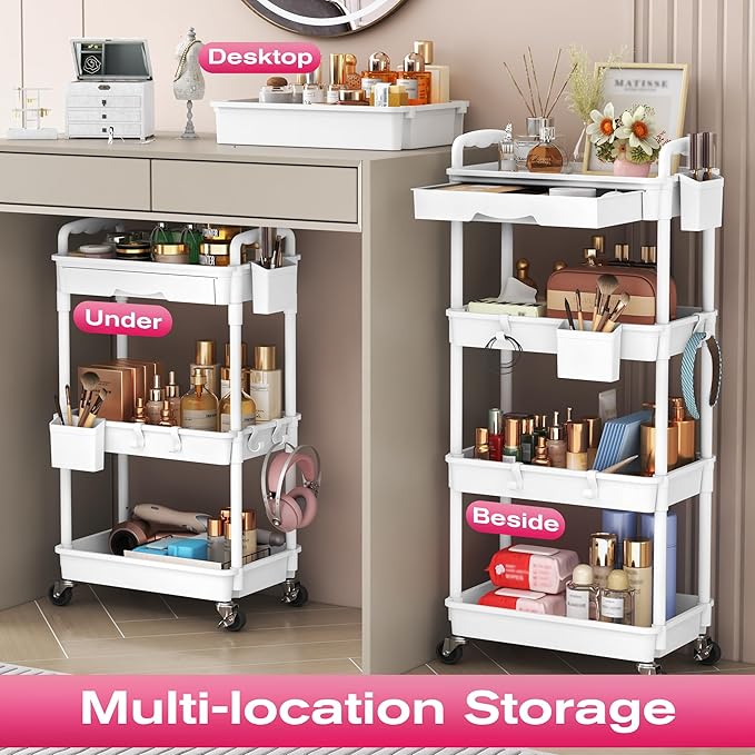Goovilla Rolling Makeup Organizer Cart with Removable Drawer, 3 Tier White | Stable Floor Skincare Storage Cart for Vanity, Cosmetic Display, Nail Polish, Perfume, Hair Stuff, Beauty, Bathroom(Plastic) - Image 6