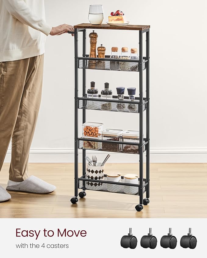 VASAGLE Slim Rolling Cart, 5-Tier Storage Cart, Narrow Carts with Handle, 5.1 Inches Deep, Metal Frame, for Kitchen, Dining Room, Living Room, Home Office, Rustic Brown and Classic Black ULRC034B01 - Image 5