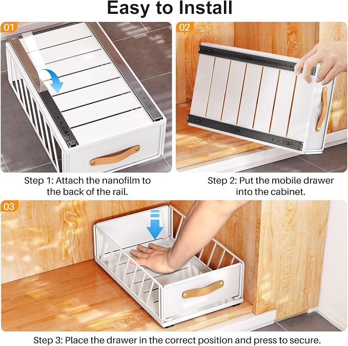 Pull out Cabinet Organizer,Heavy Duty Slide out Pantry Shelves Drawer Storage with Adhesive Nano Film,Sliding Mesh Cabinet Basket with Handle for Kitchen, Bathroom, Home, 9.8"W X 15.7"D X 6.2"H,White - Image 8