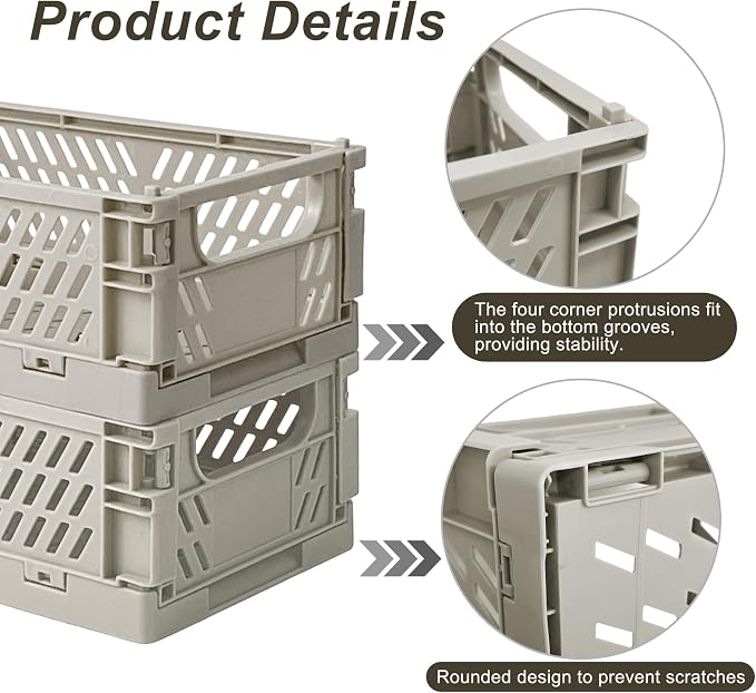 2 Pack Mini Foldable Small Plastic Baskets for Organizing and Storage，Collapsible Storage Crates,Mini Bins for Home Kitchen Bedroom Bathroom Office (Grey, Large 10x6.5x4) - Image 3