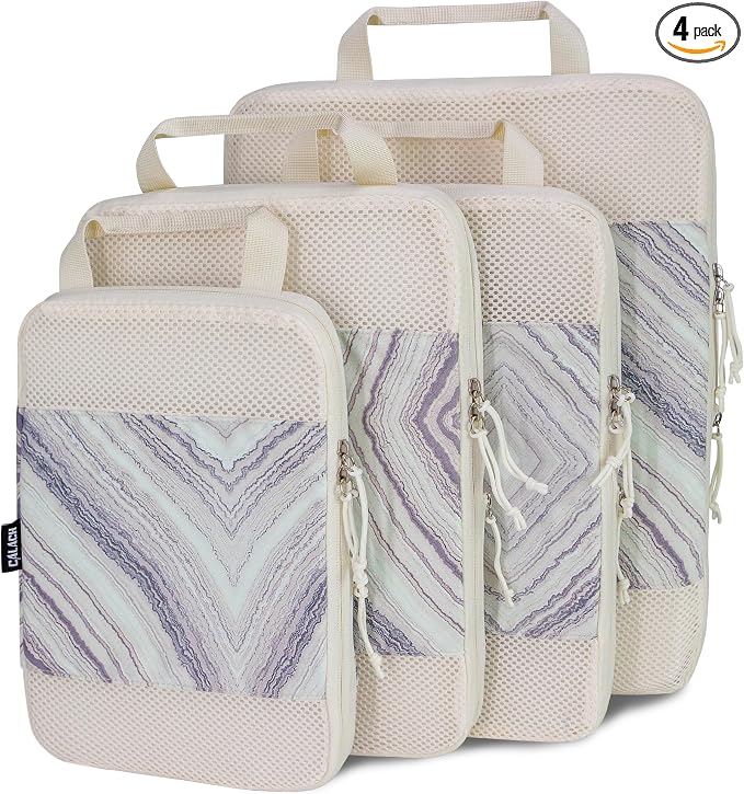 Compression Packing Cubes for Travel Essential, 4 Set Compression Bags for Travel Packing Organizer, Expandable Compression Cubes for Travel, Standard, Marble Pattern by CALACH