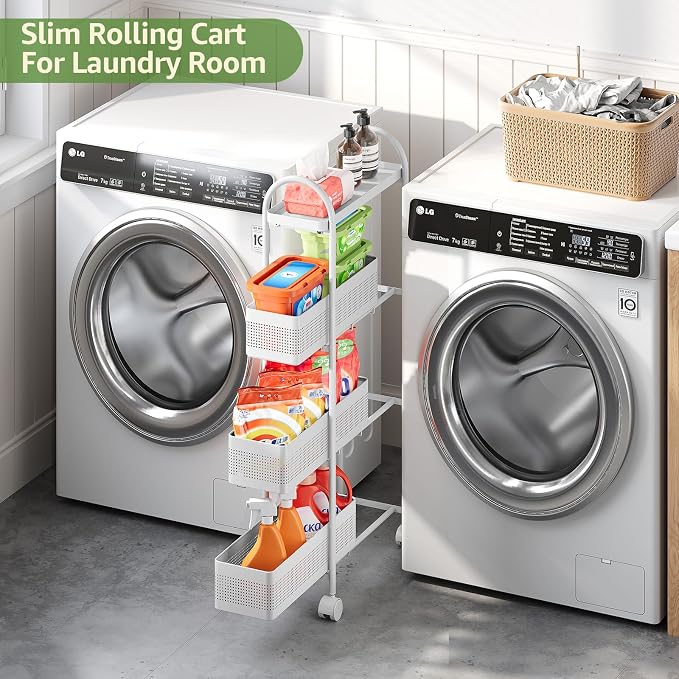 KINGRACK 4 Tier Slim Rolling Cart with Drawer, Metal Utility Storage Cart | 3 Pull-out Baskets, Lockable Wheels, Narrow Space Trolley Organizer for Bathroom, Kitchen, Office, Dorm, Laundry Room, White - Image 2