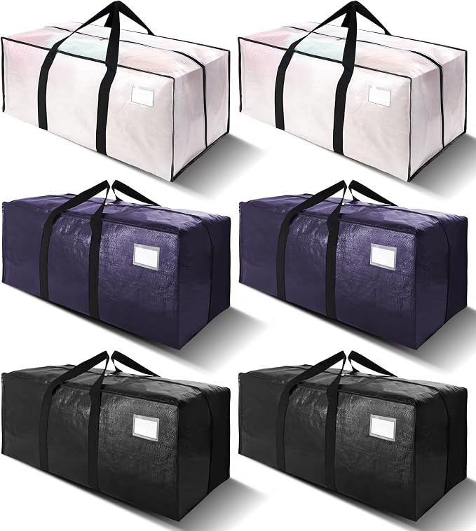 6 Pack Heavy Duty Extra Large Moving Bags W/Backpack Straps - Strong Handles & Zippers, Storage Totes For Space Saving, Fold Flat, Alternative to Box and Bin (40 gal, Semi-Transparent+Blue+Black) by VELVETSURE