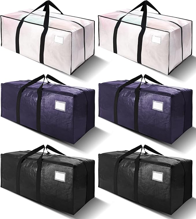 VELVETSURE 6 Pack Heavy Duty Large Moving Bags W/Backpack Straps - Strong Handles & Zippers, Storage Totes, Fold Flat, Alternative to Moving Box and Storage Bin, Semi-Transparent+Blue+Black by VELVETSURE