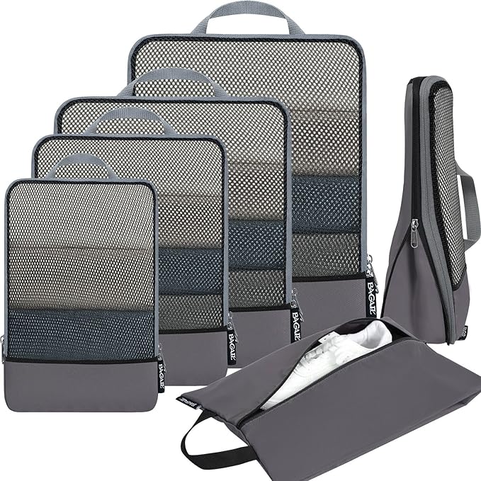 BAGAIL 4 Set/6 Set/8 Set Compression Packing Cubes Travel Accessories Expandable Packing Organizers (Half Mesh, 6-Dark Grey) by BAGAIL