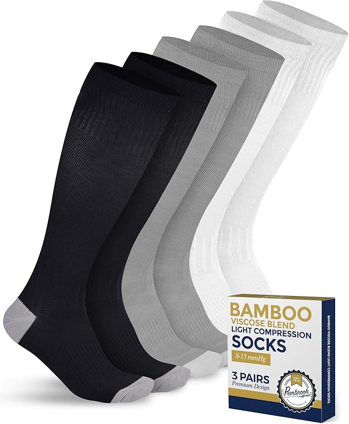 Pembrook® Bamboo Viscose Light Compression Socks - 3 Pairs | 8-15 mmhg Compression Socks | Knee High Comfort Support Socks by Pembrook