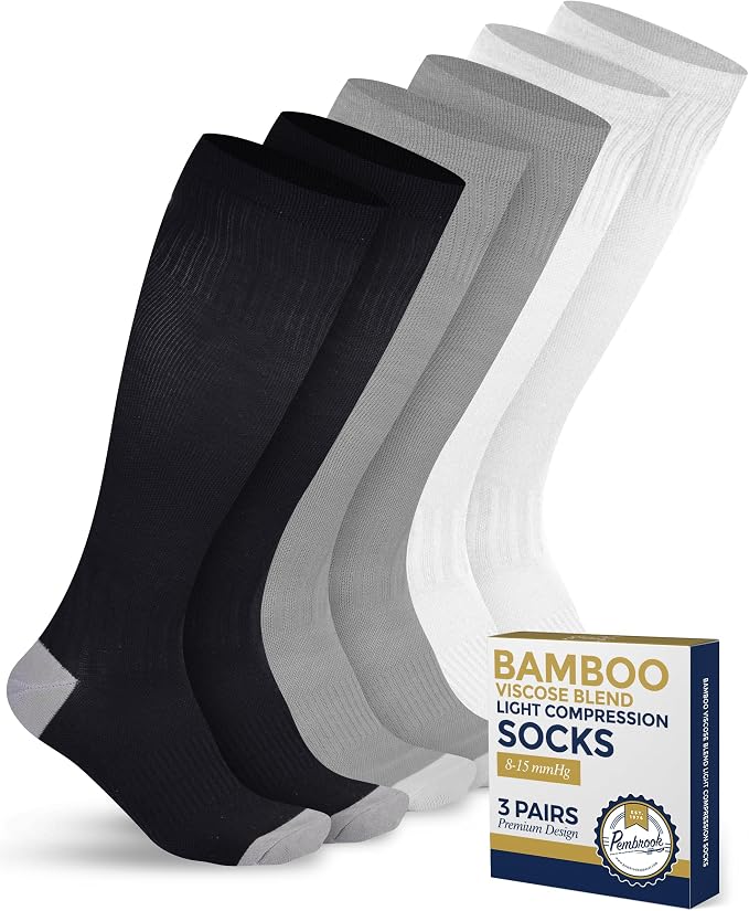 Pembrook® Bamboo Viscose Light Compression Socks - 3 Pairs | 8-15 mmhg Compression Socks | Knee High Comfort Support Socks by Pembrook