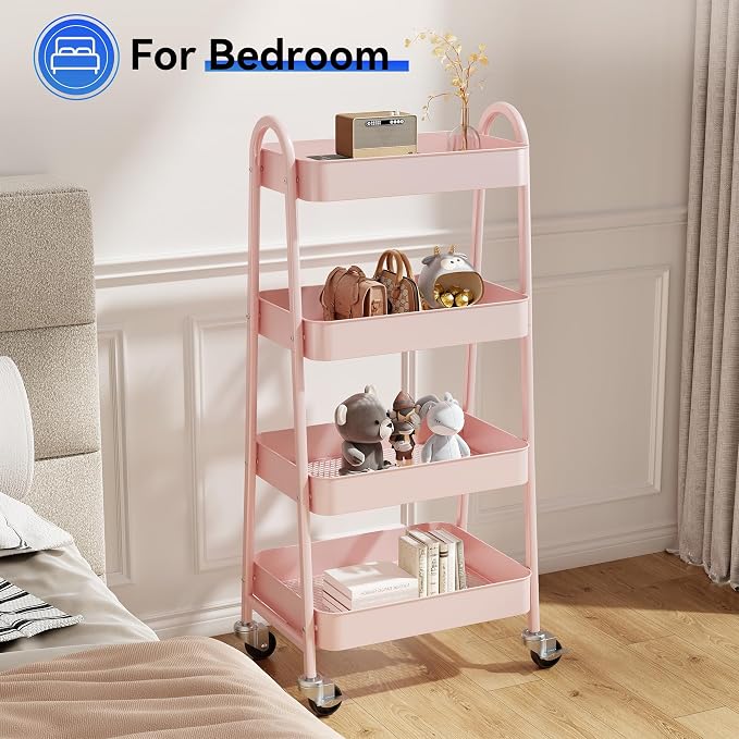 OLIXIS Metal 4 Tiers Rolling Storage Utility Cart with Lockable Wheels | Mobile Organizer Shelf, Space-Saving, Freestanding, Bathroom, Living Room, Slim, Narrow Corner Spaces, Pink - Image 7