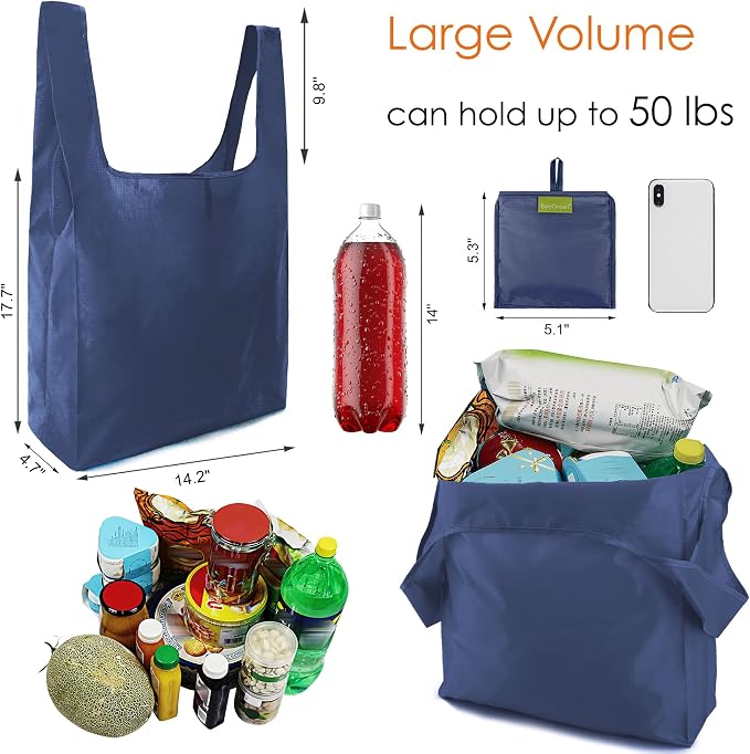 BeeGreen Blue Reusable Grocery Bags Wholesale Royal Reusable Kitchen Bags Bulk Foldable-Machine Washable with Zipper Storage Pouch 50 Packs - Image 2