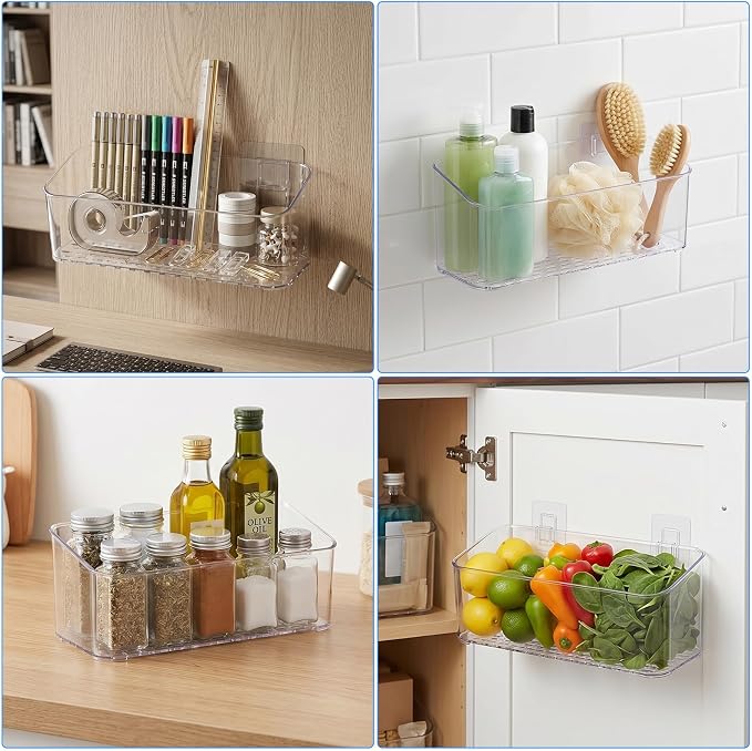 4 Pack Adhesive Cabinet Door Organizer, Bathroom Cabinet Door Organizer Bins for Inside Cabinets Doors Storage, Clear Wall Mounted Caddy for Kitchen Pantry, Bathroom Countertops, 10.63x3.62x3.94 Inch - Image 7